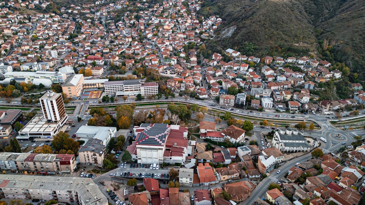 Aerial photograph showcasing the dense cityscape of Shtip, North Macedonia during fall.